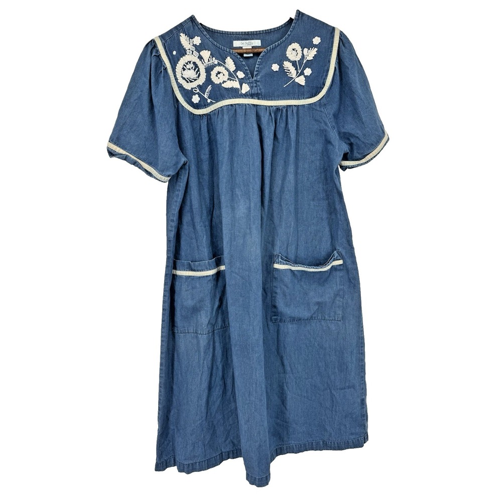 GO SOFTLY Patio Dress Denim Blue Pocket Embroidered muumuu country cottage comfy